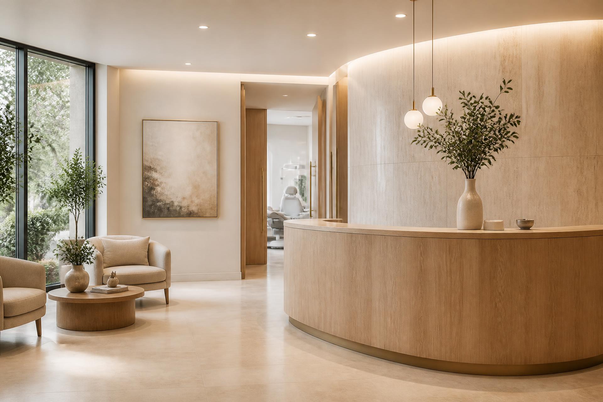 Bright, modern dental office reception with warm wood and natural light